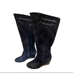 SOFFT Black Suede Laser Cut Leather Brighton Wedge OTK Tall Boots sz 7.5 Women's